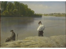 Antik színezett fotográfia: Horgászok