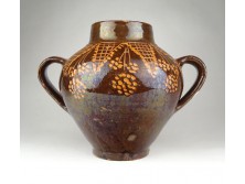 Régi barna mázas cserép váza 18.5 cm