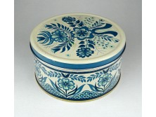 Régi virágos kék-fehér süteményes pléh doboz 8 x 16 cm