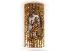 Régi bronzírozott borkóstoló jelenet fém fali dísz borászati relikvia 33.5 cm