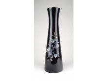 Régi gyöngyház berakásos fekete lakkfa váza 25 cm