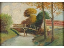 Első világháborús hadisegélyező festmény Halmos : Híd a patak felett 