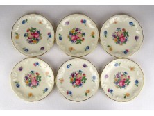 Régi virágdíszes vajszínű 6 darabos Thomas Ivory porcelán dísztányér készlet
