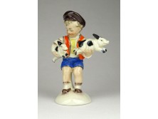 Régi német kisméretű porcelán fiú kismalacokkal 11.5 cm