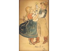 XX. századi magyar festő : Gyertyaoltás civakodó gyerekek 1920