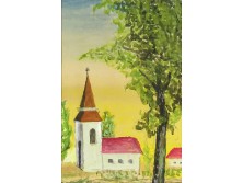 Keretezett akvarell festmény : Kisvárosi templom