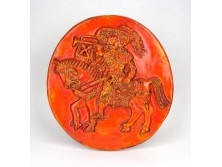 Jelzett iparművészetis narancs mázas kerámia falitál 24 cm