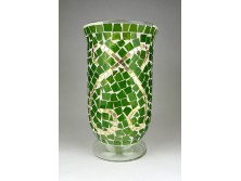 Üvegmozaikkal díszített nagyméretű öblös zöld üveg váza díszváza 25 cm