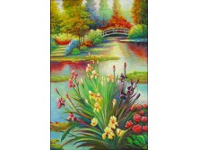 XX. századi festő : Tóparti tavaszi táj liliomokkal