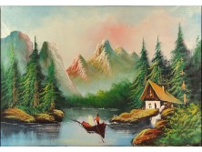 XX. századi festő : Halászcsónak havas hegyek lábánál