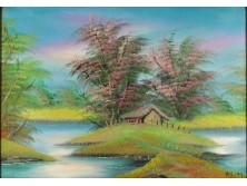 XX. századi festő : Vízparti tavaszi táj házikóval