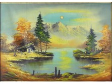 XX. századi festő : Vízparti táj naplementében