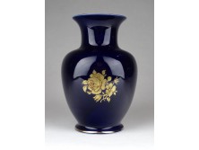 Hollóházi aranyozott kobalkék porcelán váza 14.5 cm