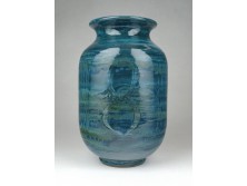 Kékeszöld mázas reto öblös kerámia váza 21 cm