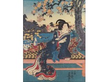 Régi jelzett keleti japán keretezett gésa kép 51 x 41 cm