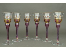 Bohémia dombormintás aranyozott kézzel festett talpas lila pezsgős pohár készlet 6 db