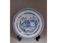 Jelzett kék-fehér nagy méretű kínai porcelán kézzel festett dísztál 36.3 cm