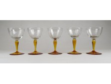 Borostyánsárga art deco talpas üveg likőrös pohár 5 darab