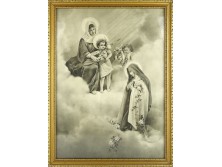 Jelzetlen fekete-fehér szentkép angyalokkal és Szűzmária ábrázolással 48 x 36 cm