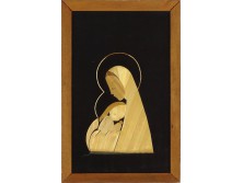 Mária gyermekével keretezett szalmakép kézimunka 29 x 19 cm