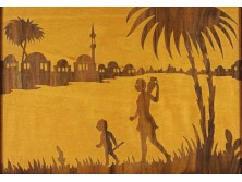 Régi orientalista intarziakép régi keretben oázis keleten 21.5 x 29 cm