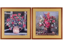 Művészi virágcsendélet színes keretezett kép pár 41 x 39 cm