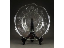 Nagyméretű jelzett flamingós francia üveg asztalközép kínáló tál 36 cm