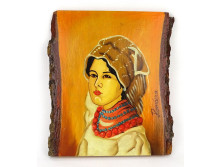 Romániai deszkára festett női portré 26.5 x 23 cm