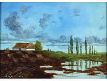 XX. századi festő : Alföldi táj házzal
