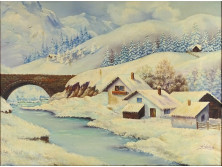 XX. századi festő : Hegyvidéki téli táj híddal
