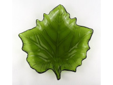 Zöld színű levél alakú üveg asztalközép kínáló tál 26 cm