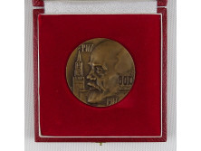 Régi jelzett szocreál Lenin bronzplakett dobozában
