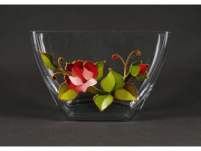 Régi szögletes alakú, festett üveg design váza, virágváza 12 cm