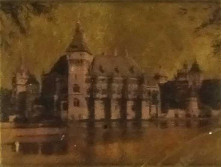 Vajdahunyad vára 23 karátos arannyal aranyozott miniatúra kép keretezve 9 x 10 cm