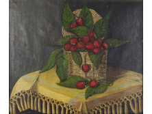 Régi jelzetlen cseresznyés olaj vászon csendélet 40 x 35 cm