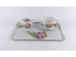 Régi rózsa mintás porcelán reggeliző készlet, teás vagy kávés készlet