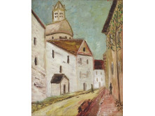 Városi utcakép jelzetlen olaj festmény 39.5 x 30.5 cm