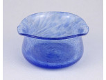 Retro kék színű karcagi irizáló fátyolüveg kis tál 6 x 11 cm