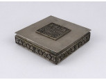 Régi, Budapest feliratú, fabetétes iparművészeti fém doboz MOM 9.7 x 9.7 x 2.5 cm 