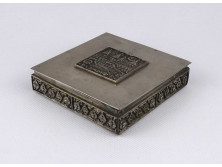 Régi, Budapest feliratú, fabetétes iparművészeti fém doboz MOM 9.7 x 9.7 x 2.5 cm 