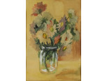 Magyar festő 1980 akvarell csokor üvegben - asztali virágcsendélet 27.5 x 19 cm