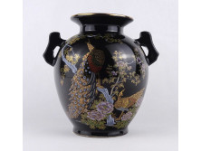 Aranyozott pávadíszes fekete porcelán váza 16 cm