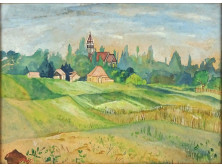 Régi jelzetlen akvarell festmény: Faluhatár 30.5 x 22.5 cm