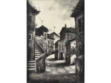 Mediterrán utcarészlet fekete - fehér kép keret nélkül fatáblán 40 x 28 cm