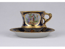 Régi kobaltkék színű, aranyozott, jelenetes cseh Altwien porcelán kávéscsésze