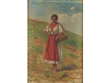 Ismeretlen festő : Piros ruhás menyecske kosárral 45 x 30 cm