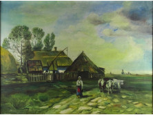 Régi jelzett olaj vászon festmény: Hazafelé 80 x 60 cm