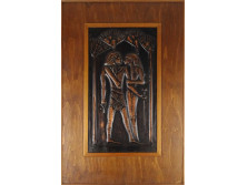 Réz egyiptomi dombormű fa táblán jelzett művészi munka 36.5 x 24.5 cm