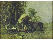 Mészöly Géza : Utazó szegény család 1881 színes reprodukció aranyozott keretben