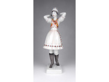 Régi nagyméretű Hollóházi pártás menyecske porcelán figura 30.5 cm